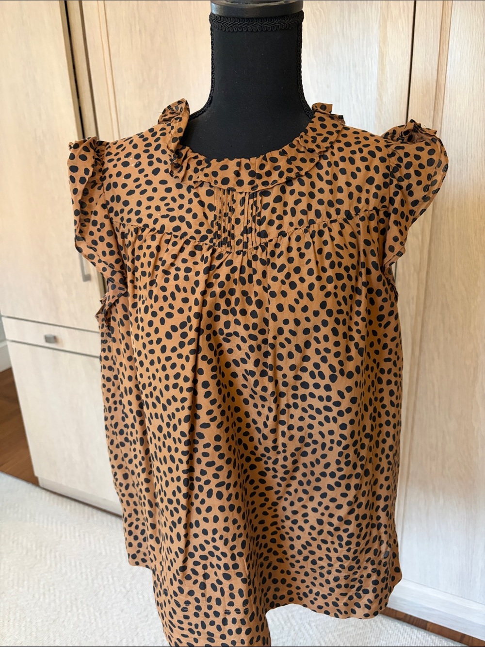 J. Crew Brown Polka Dot Ruffle Neck Blouse